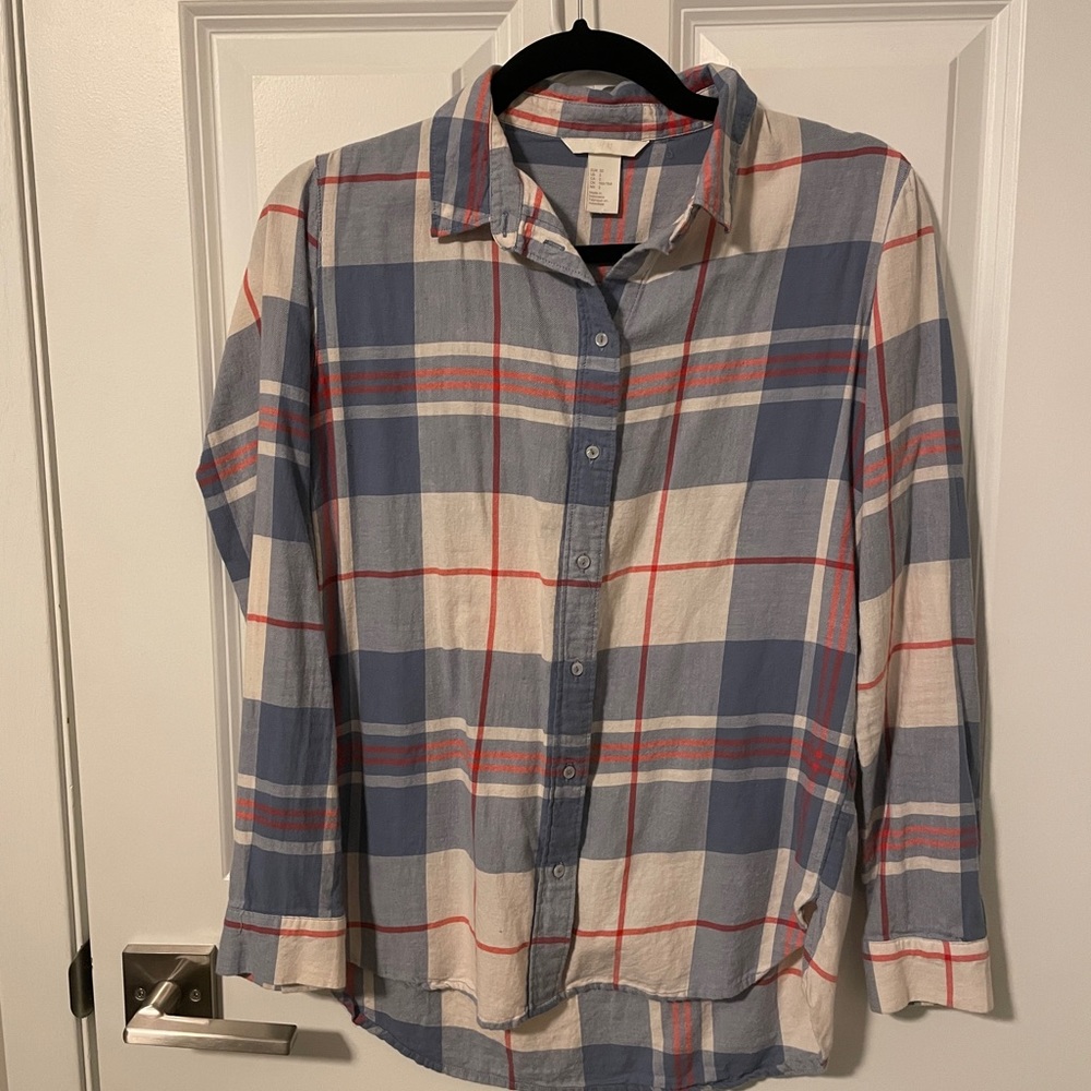 Red, white, and blue plaid button up